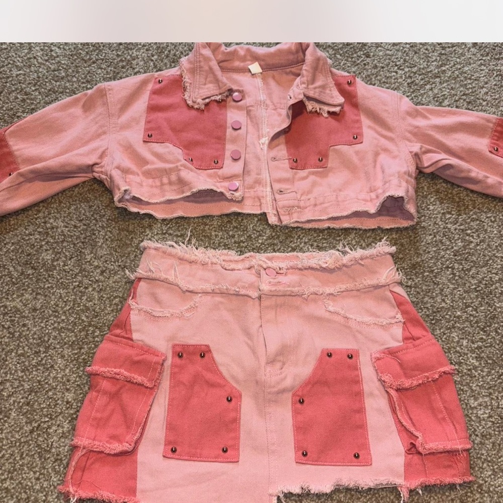 Pink Patchwork Jacket And Skirt Set - image 3